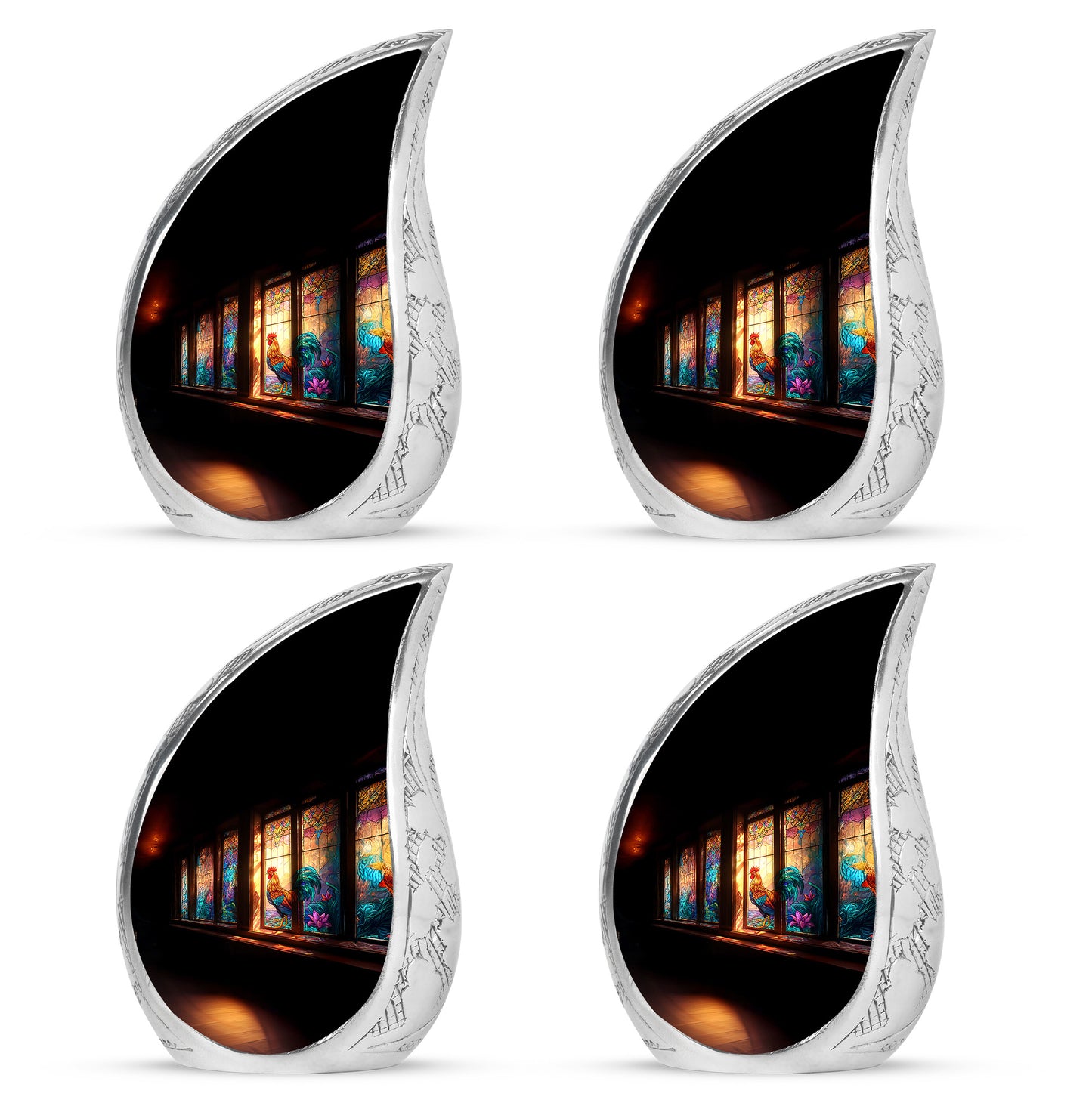 Rich Black Hen Cremation Urn close-up of engraving and surface detail - flowing teardrop hen silhouette on curved aluminum - 10 inch aluminum urn for cremated remains