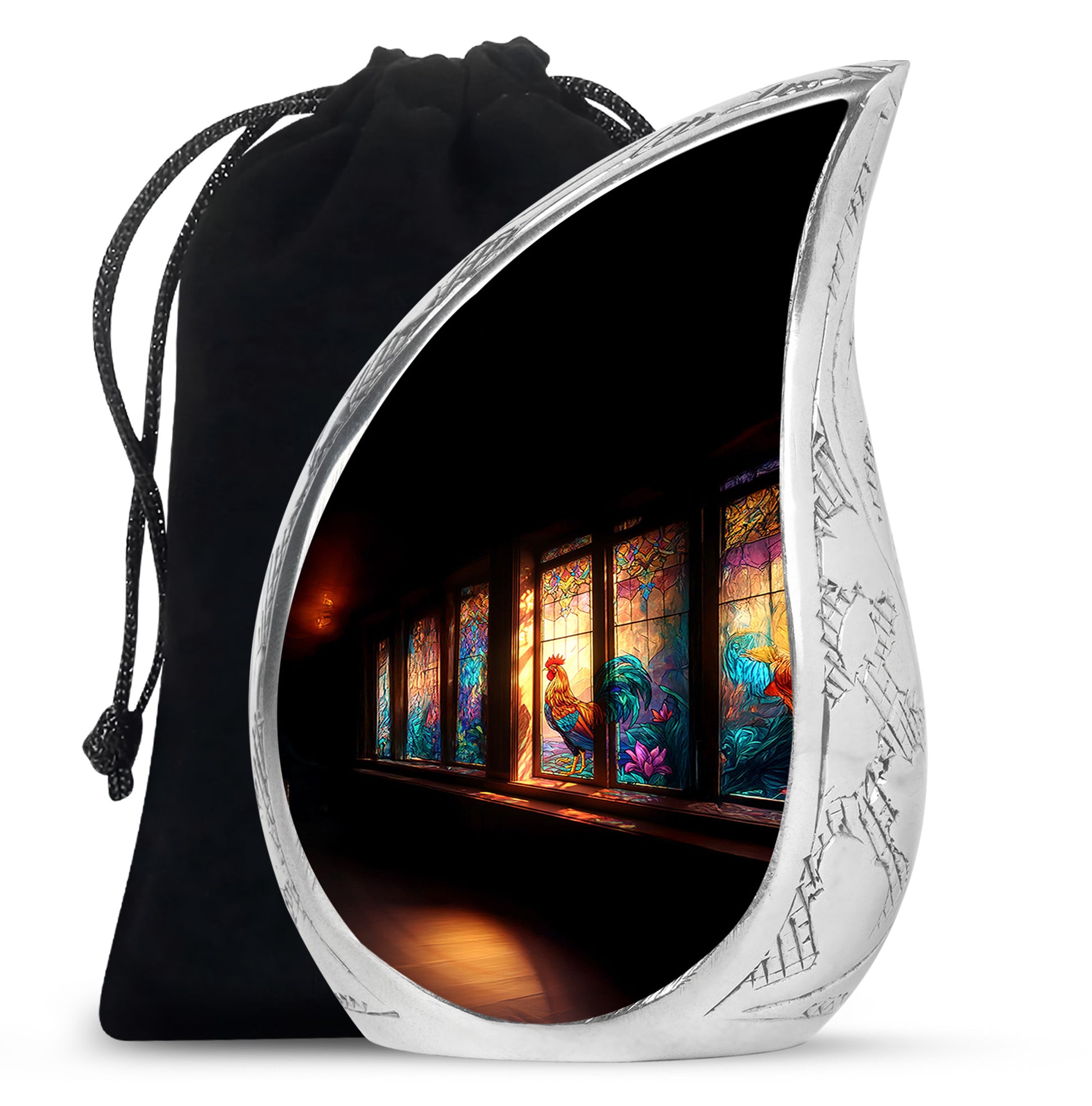 Glossy Black Hen Cremation Urn front view showing detailed design - flowing teardrop hen silhouette on curved aluminum - full-size 10 inch 200 cubic inch adult cremation urn