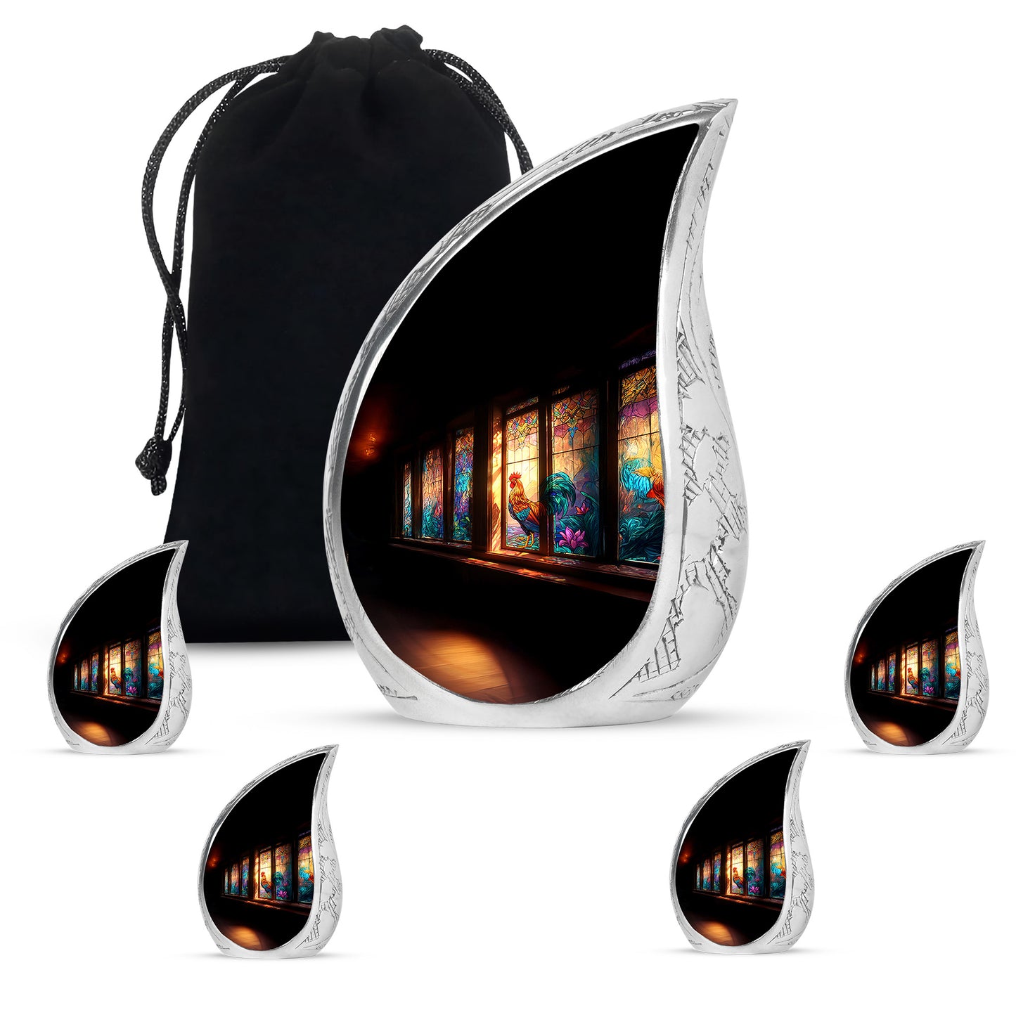 Charcoal Black Hen Cremation Urn side profile showing urn shape - graceful tear-shaped urn with hen motif - memorial set with one large and four small urns