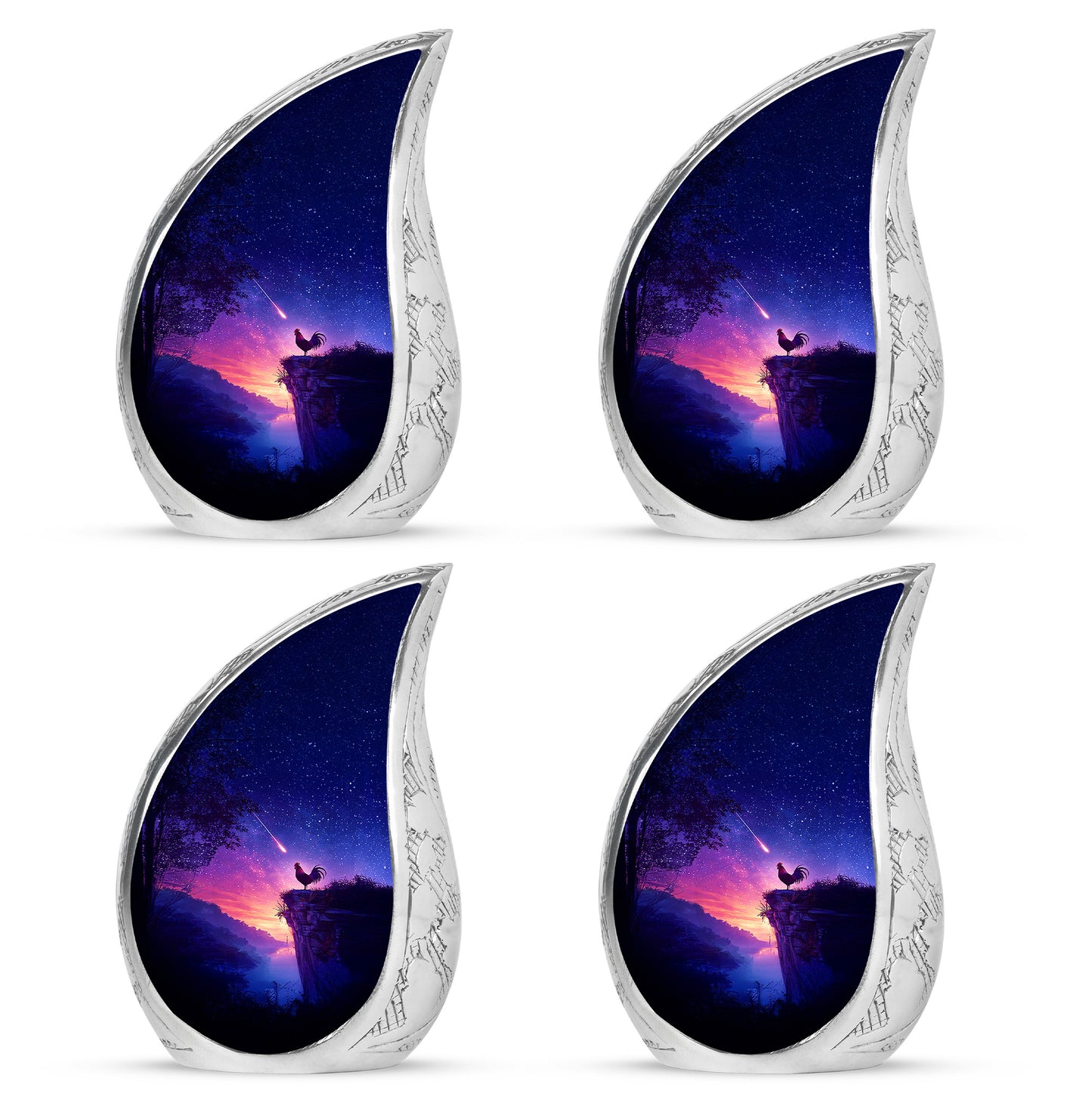 Soft Blue Hen Cremation Urn close-up of engraving and surface detail - graceful tear-shaped urn with hen motif - 10 inch aluminum urn for cremated remains