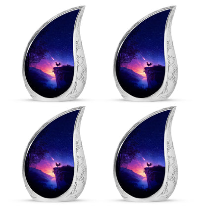 Soft Blue Hen Cremation Urn close-up of engraving and surface detail - graceful tear-shaped urn with hen motif - 10 inch aluminum urn for cremated remains