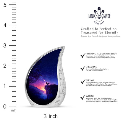 Vivid Blue Hen Cremation Urn angled view of lid and engraved motif - graceful tear-shaped urn with hen motif - mini keepsake memorial for portion of cremation ashes