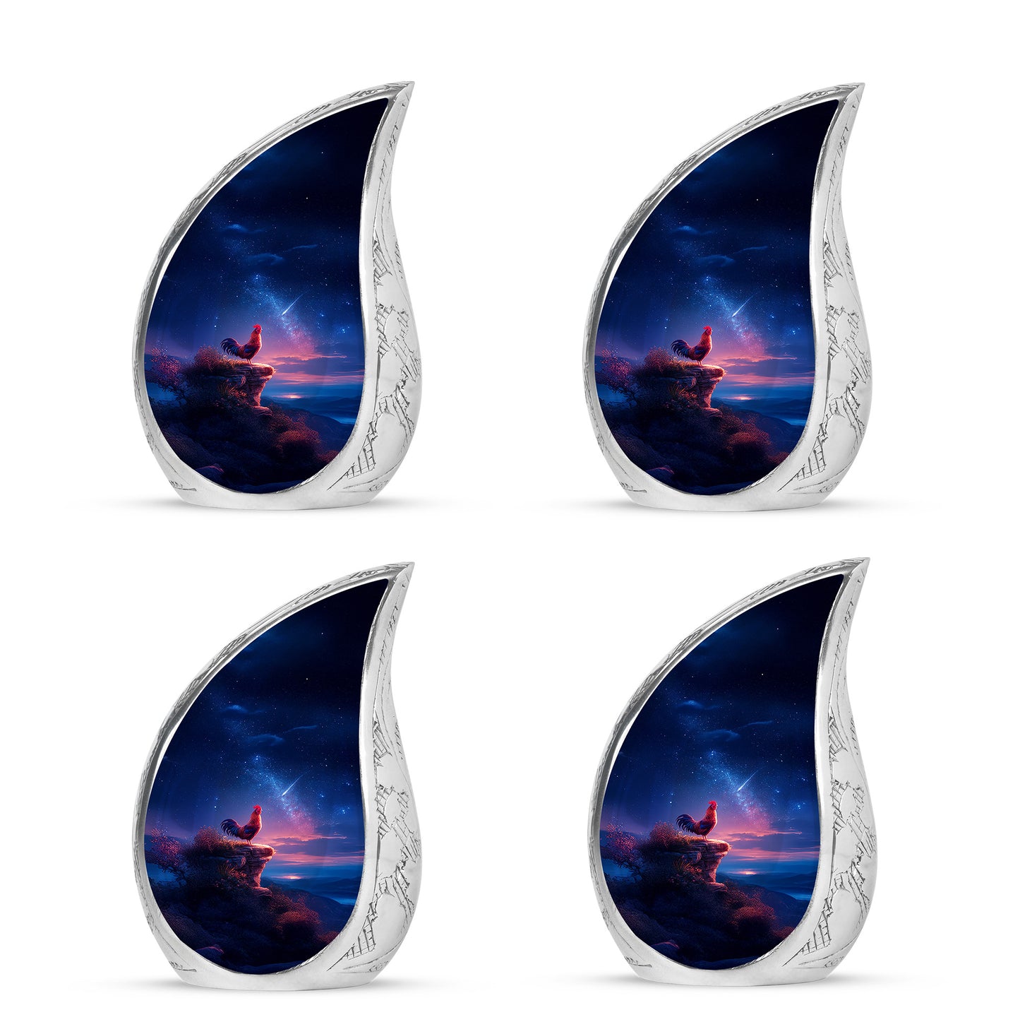 Slate Blue Hen Cremation Urn close-up of engraving and surface detail - flowing teardrop hen silhouette on curved aluminum - 10 inch aluminum urn for cremated remains