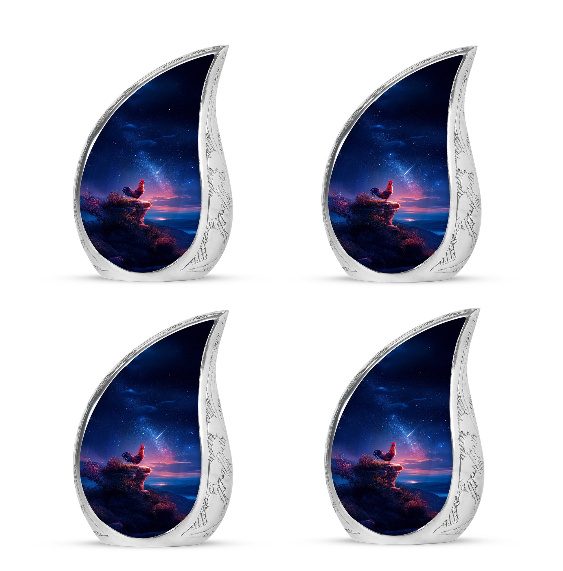 Slate Blue Hen Cremation Urn close-up of engraving and surface detail - flowing teardrop hen silhouette on curved aluminum - 10 inch aluminum urn for cremated remains