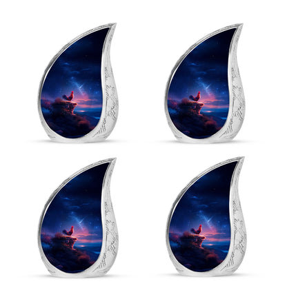Slate Blue Hen Cremation Urn close-up of engraving and surface detail - flowing teardrop hen silhouette on curved aluminum - 10 inch aluminum urn for cremated remains
