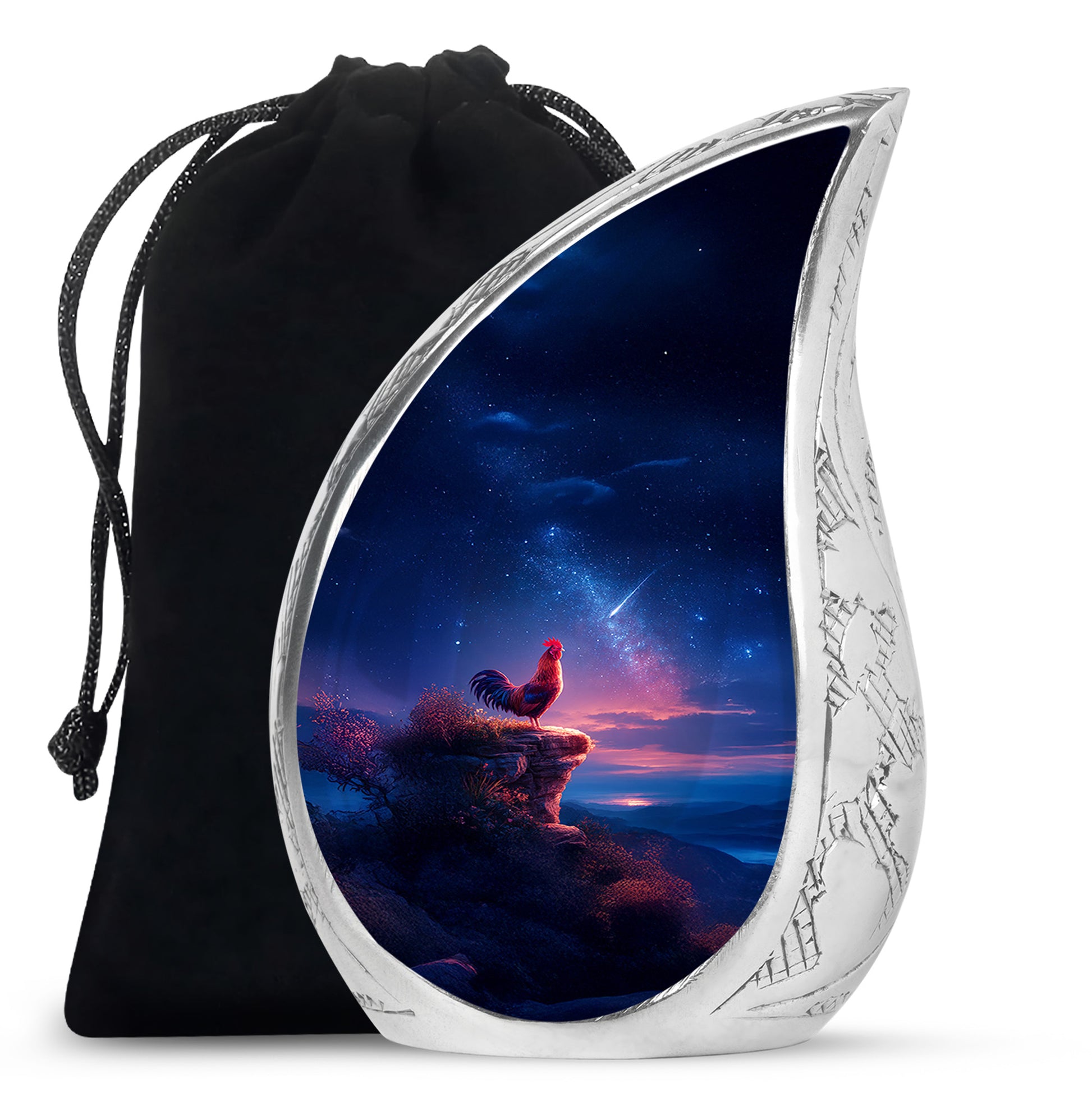 Sapphire Blue Hen Cremation Urn front view showing detailed design - smooth teardrop contour featuring hen art - full-size 10 inch 200 cubic inch adult cremation urn