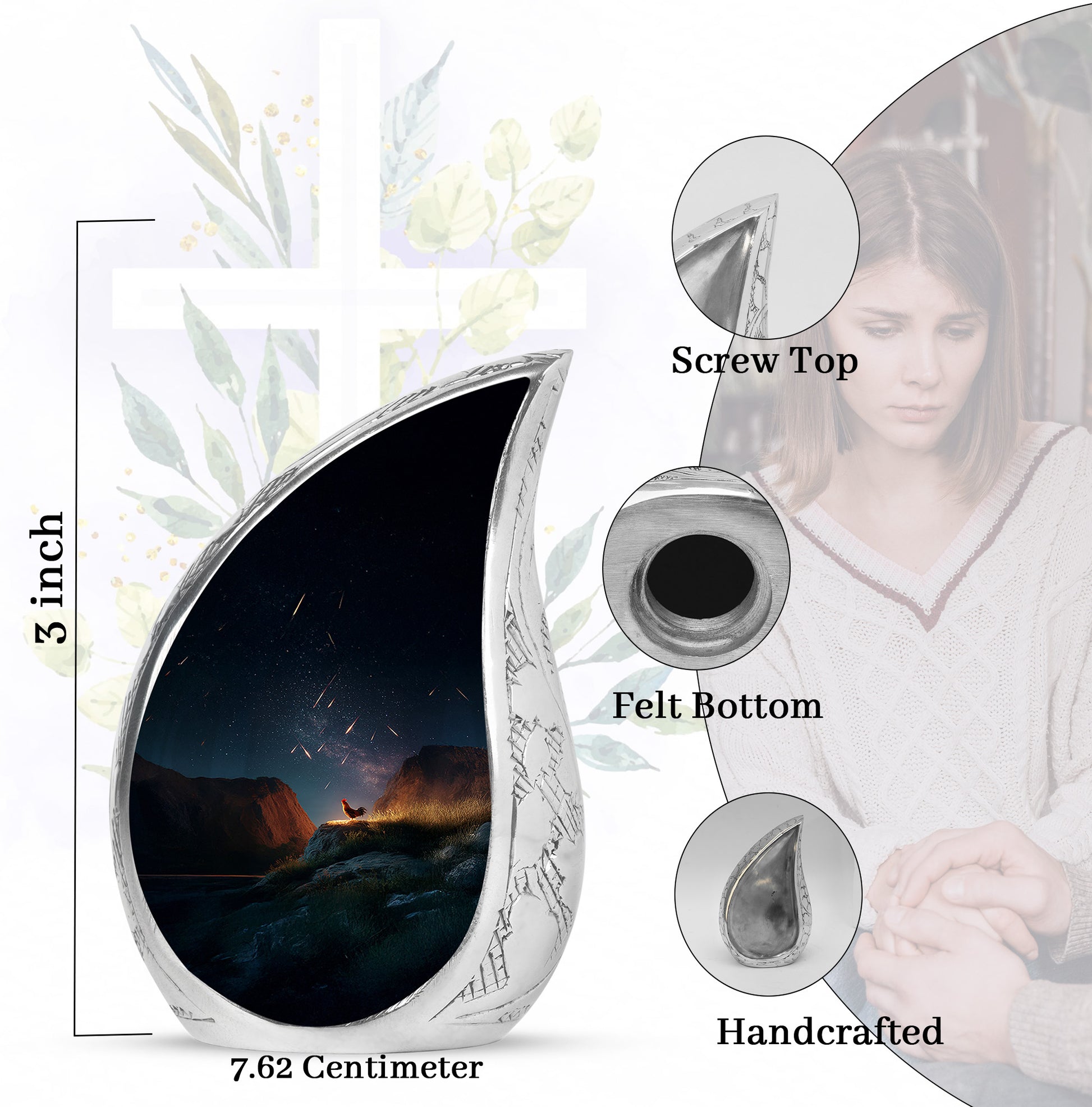 Sky Blue Hen Cremation Urn angled view of lid and engraved motif - rounded teardrop hen design with delicate detail - mini keepsake memorial for portion of cremation ashes