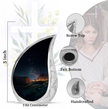 Sky Blue Hen Cremation Urn angled view of lid and engraved motif - rounded teardrop hen design with delicate detail - mini keepsake memorial for portion of cremation ashes