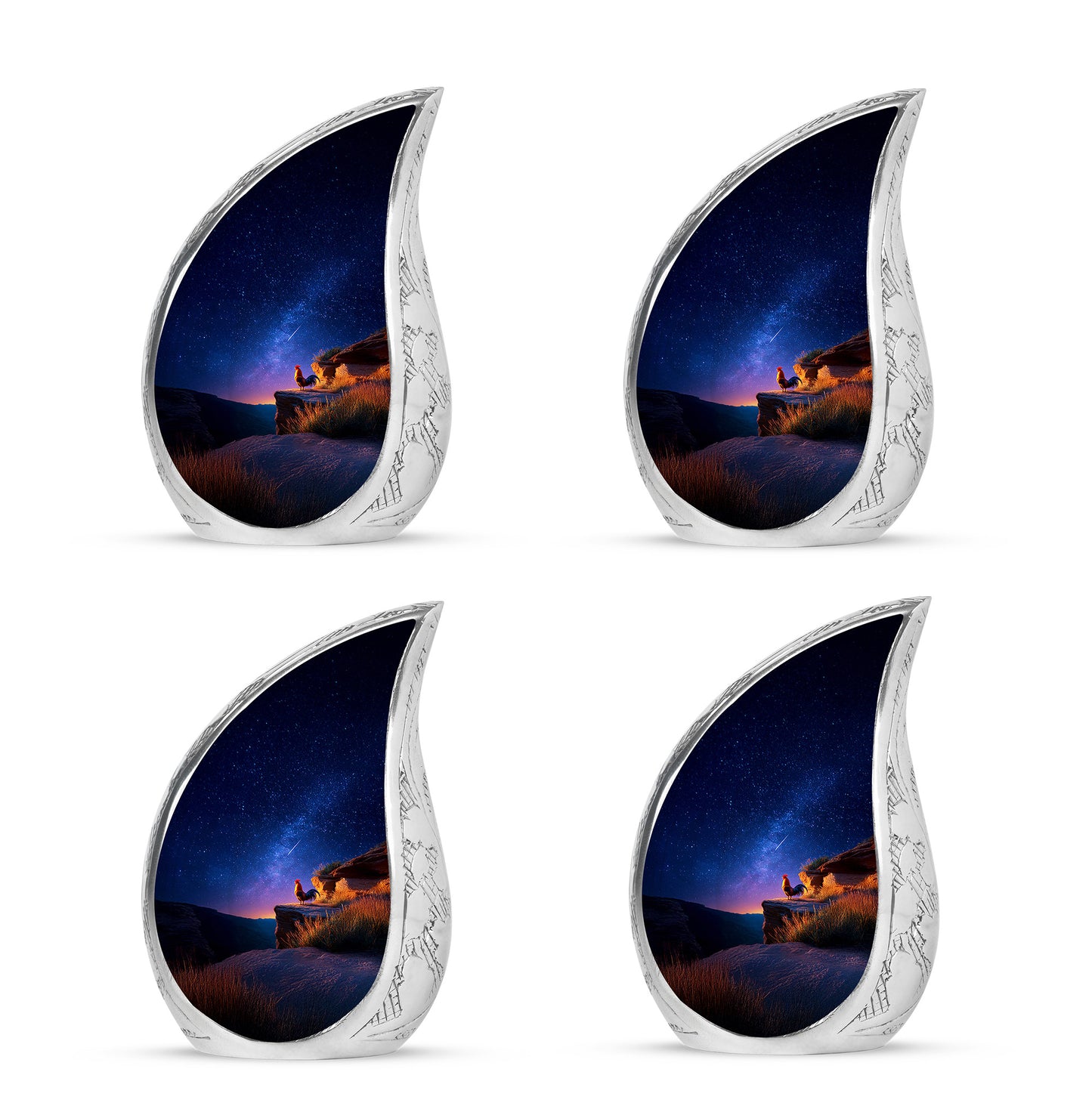 Royal Blue Hen Cremation Urn close-up of engraving and surface detail - smooth teardrop contour featuring hen art - 10 inch aluminum urn for cremated remains