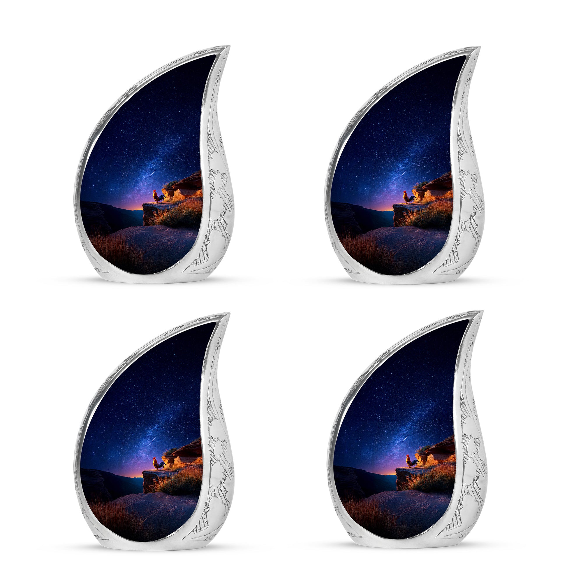 Royal Blue Hen Cremation Urn close-up of engraving and surface detail - smooth teardrop contour featuring hen art - 10 inch aluminum urn for cremated remains