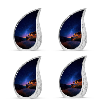 Royal Blue Hen Cremation Urn close-up of engraving and surface detail - smooth teardrop contour featuring hen art - 10 inch aluminum urn for cremated remains