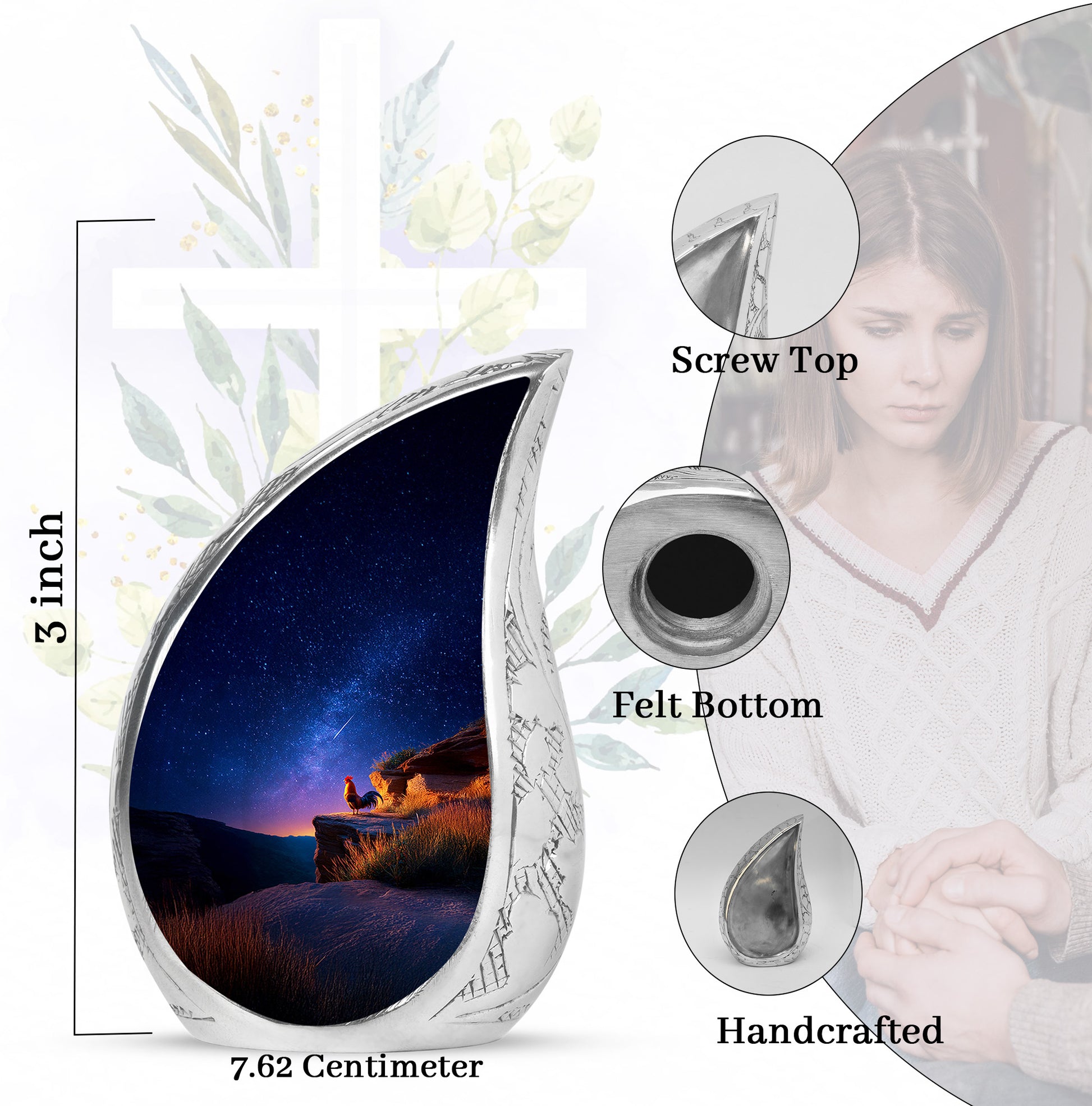 Navy Blue Hen Cremation Urn angled view of lid and engraved motif - flowing teardrop hen silhouette on curved aluminum - mini keepsake memorial for portion of cremation ashes