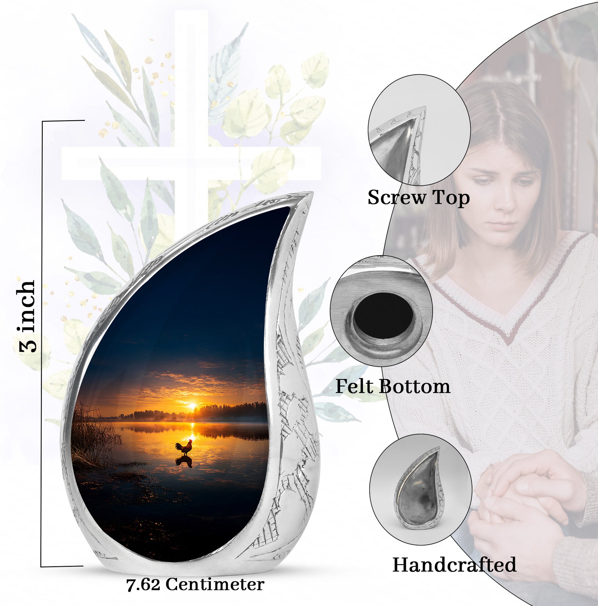 Onyx Black Hen Cremation Urn angled view of lid and engraved motif - smooth teardrop contour featuring hen art - mini keepsake memorial for portion of cremation ashes