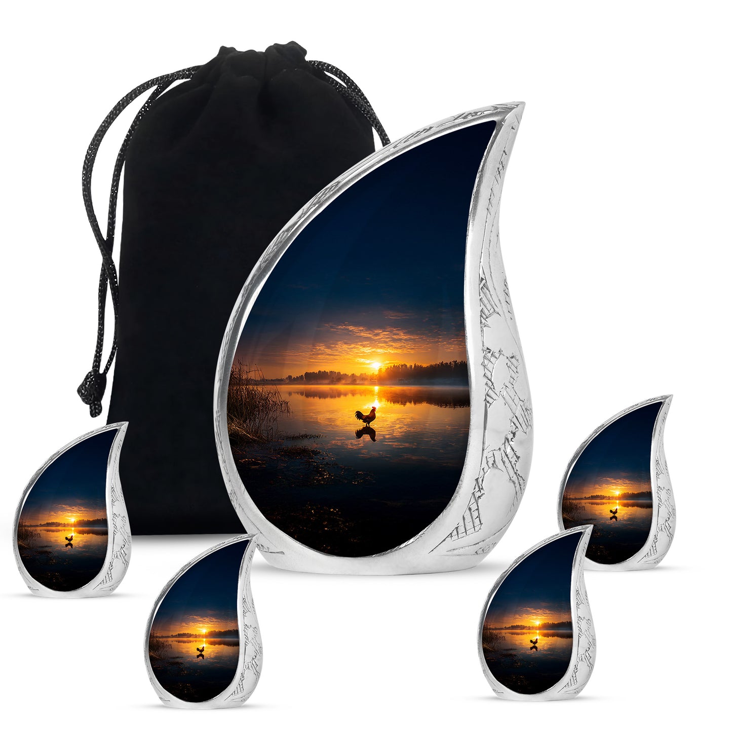 Onyx Black Hen Cremation Urn side profile showing urn shape - smooth teardrop contour featuring hen art - memorial set with one large and four small urns