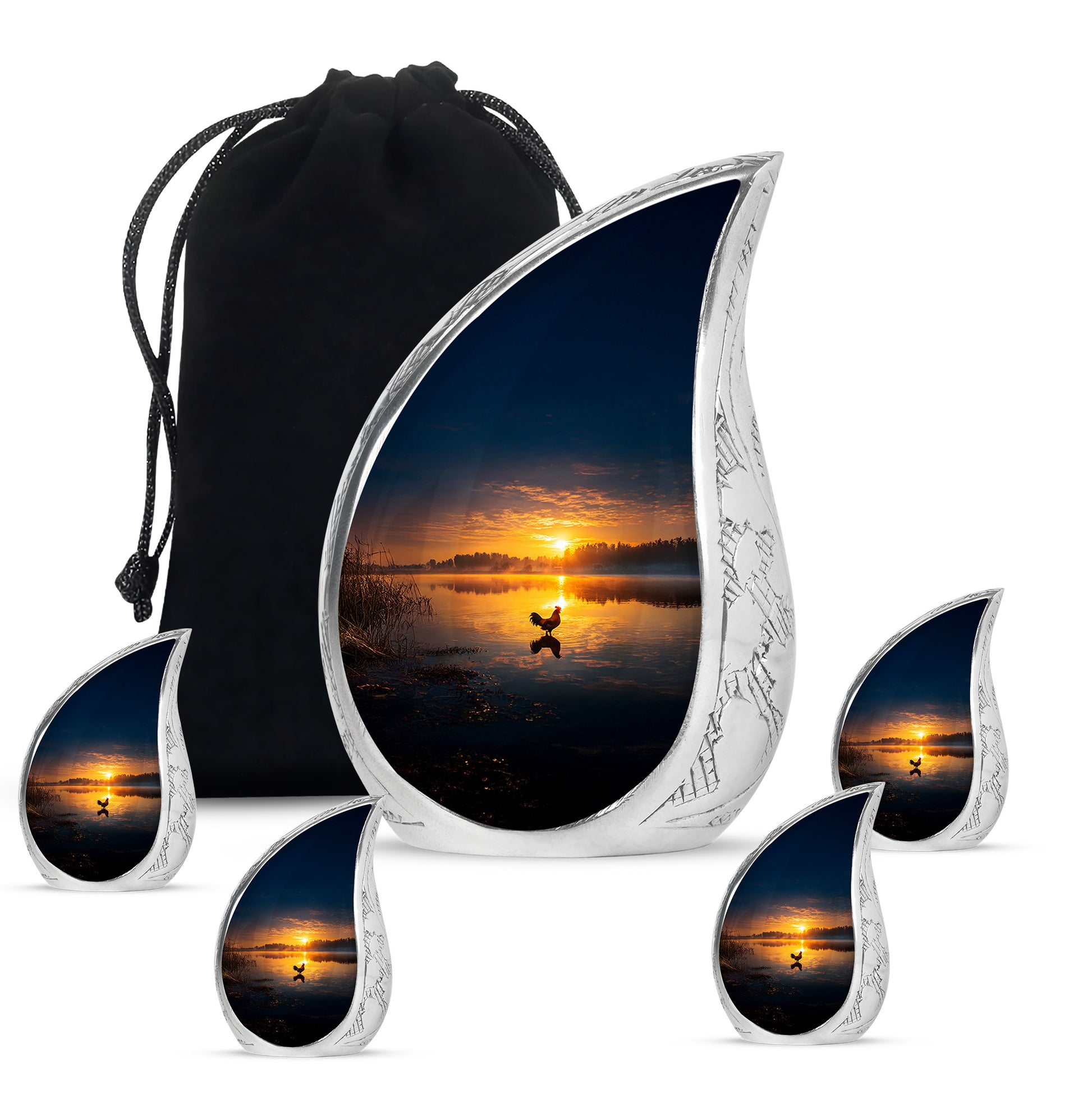 Onyx Black Hen Cremation Urn side profile showing urn shape - smooth teardrop contour featuring hen art - memorial set with one large and four small urns