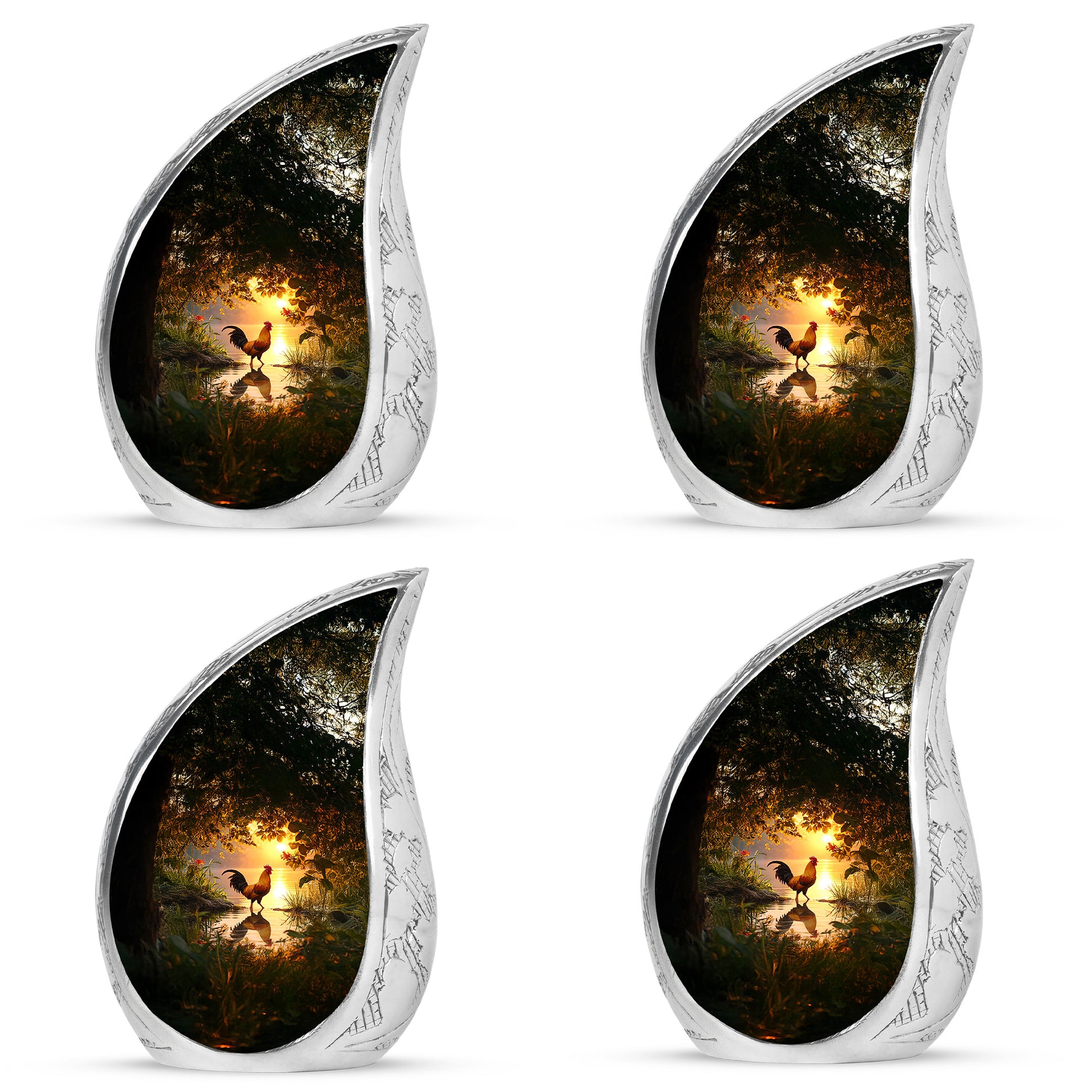 Harvest Gold Hen Cremation Urn close-up of engraving and surface detail - graceful tear-shaped urn with hen motif - 10 inch aluminum urn for cremated remains