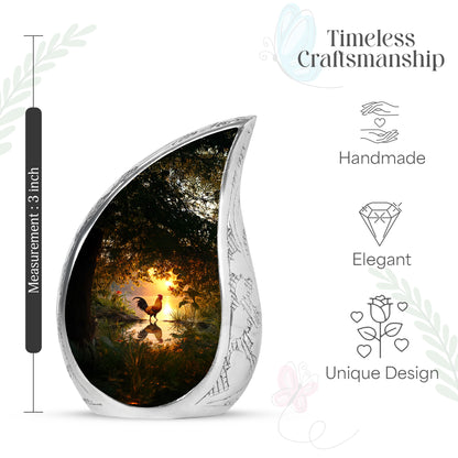 Champagne Gold Hen Cremation Urn angled view of lid and engraved motif - rounded teardrop hen design with delicate detail - mini keepsake memorial for portion of cremation ashes