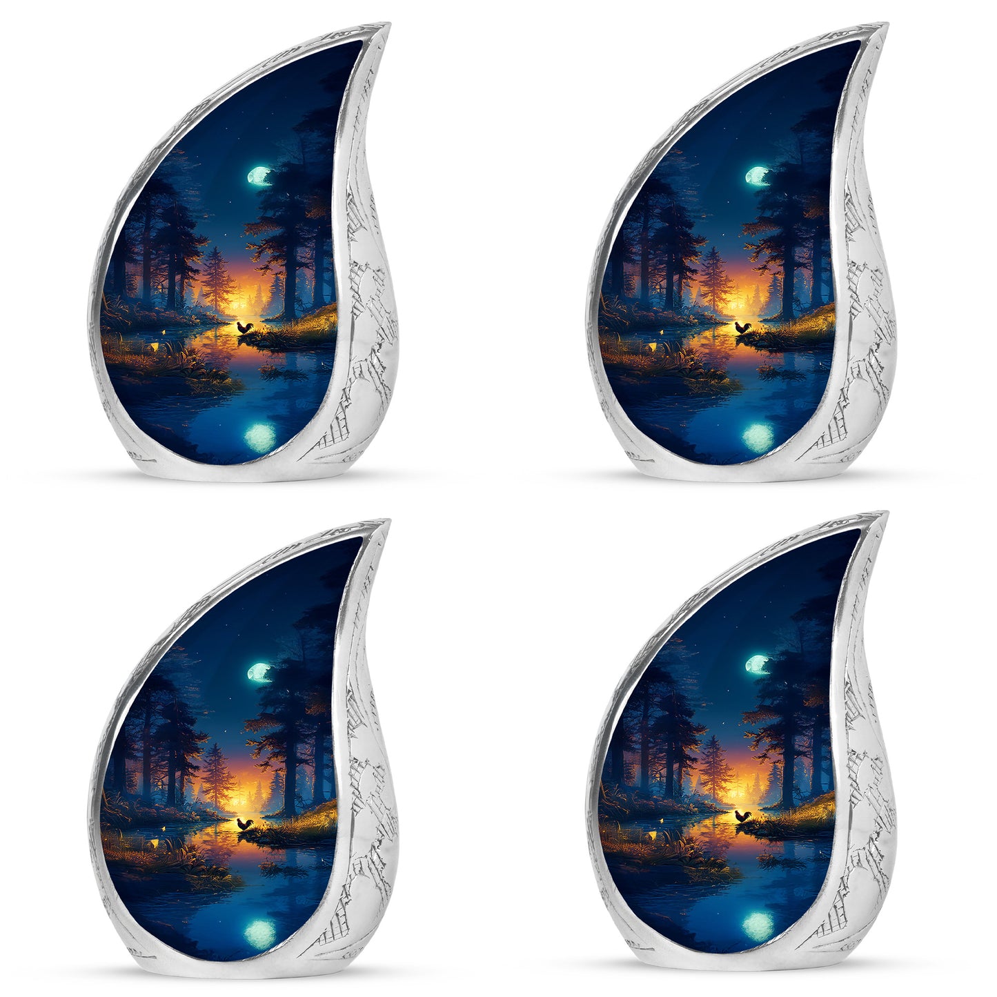 Indigo Hen Cremation Urn close-up of engraving and surface detail - flowing teardrop hen silhouette on curved aluminum - 10 inch aluminum urn for cremated remains
