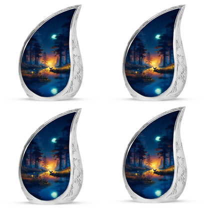 Indigo Hen Cremation Urn close-up of engraving and surface detail - flowing teardrop hen silhouette on curved aluminum - 10 inch aluminum urn for cremated remains