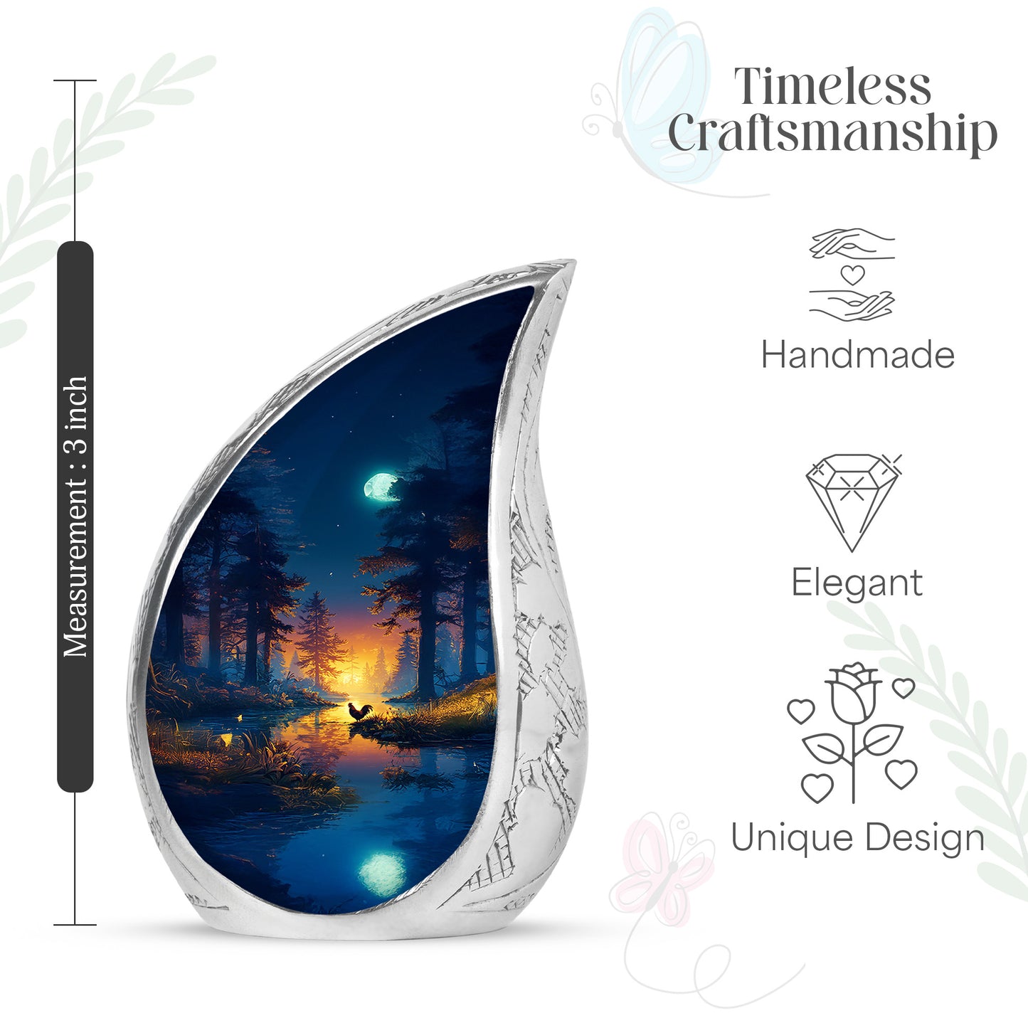 Pastel Blue Hen Cremation Urn angled view of lid and engraved motif - rounded teardrop hen design with delicate detail - mini keepsake memorial for portion of cremation ashes