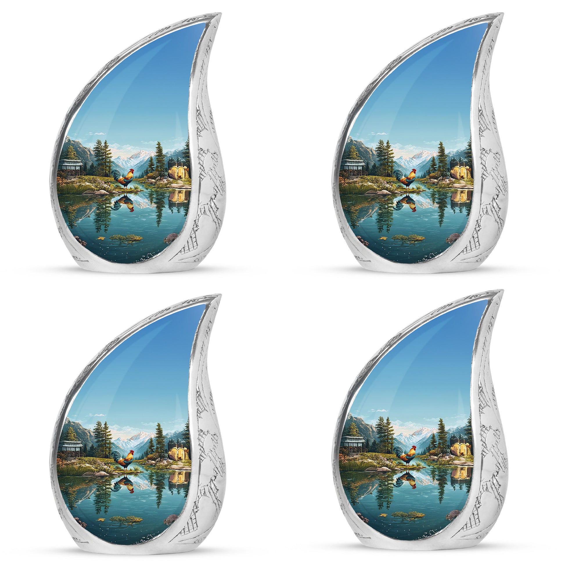 Jewel Teal Hen Cremation Urn close-up of engraving and surface detail - flowing teardrop hen silhouette on curved aluminum - 10 inch aluminum urn for cremated remains