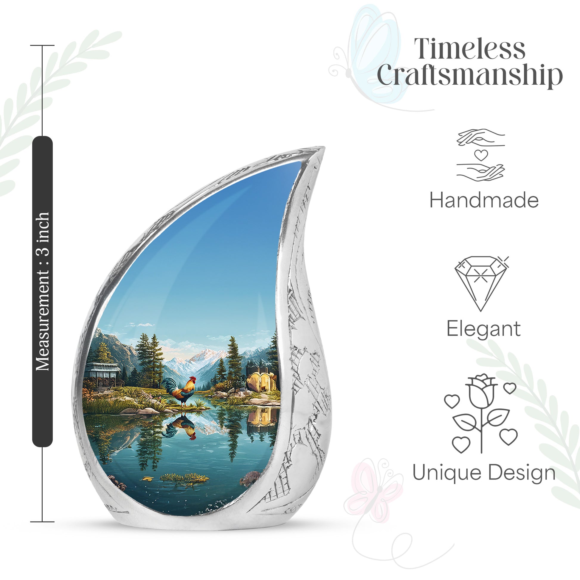 Jewel Teal Hen Cremation Urn angled view of lid and engraved motif - flowing teardrop hen silhouette on curved aluminum - mini keepsake memorial for portion of cremation ashes