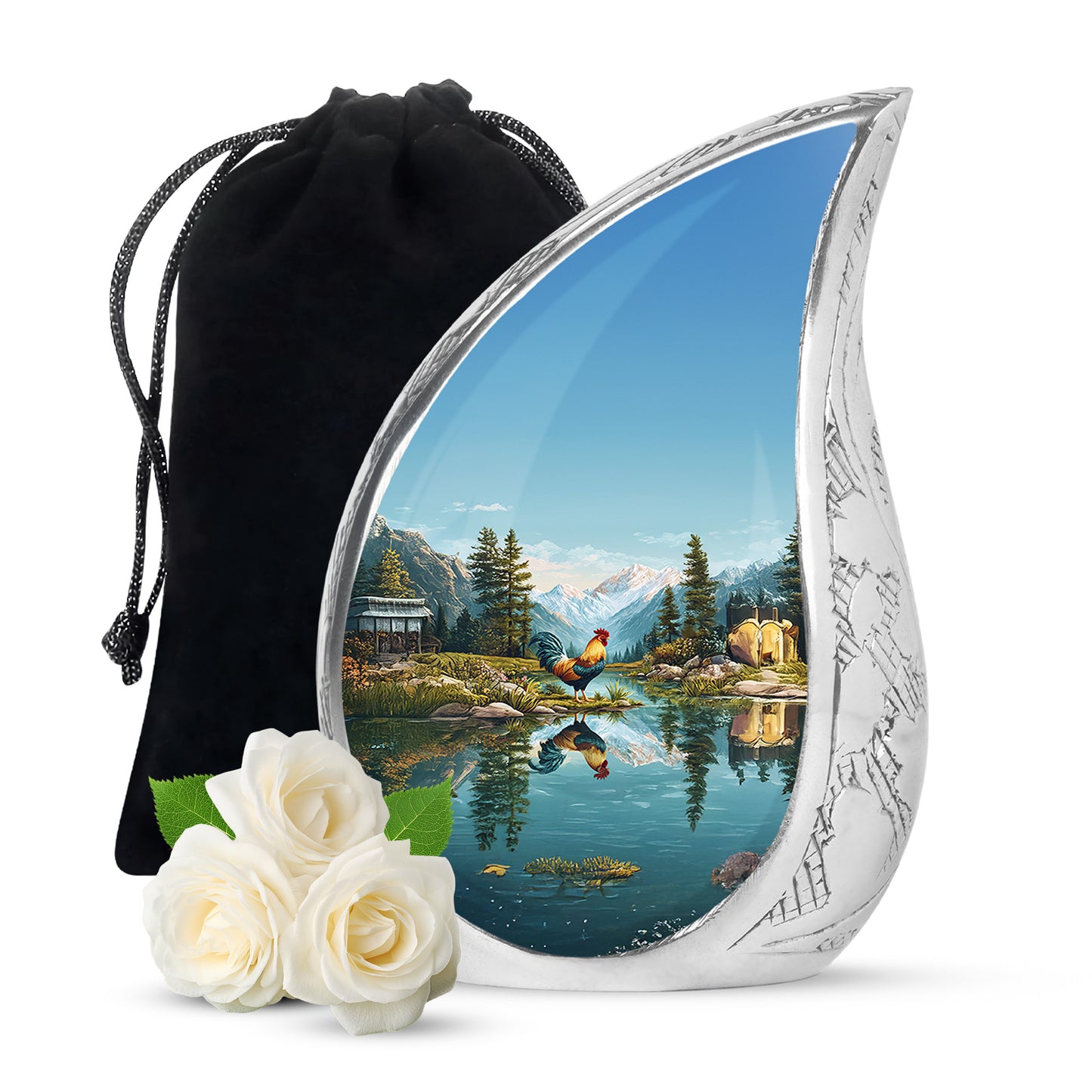 Sea Green Teal Hen Cremation Urn front view showing detailed design - flowing teardrop hen silhouette on curved aluminum - full-size 10 inch 200 cubic inch adult cremation urn