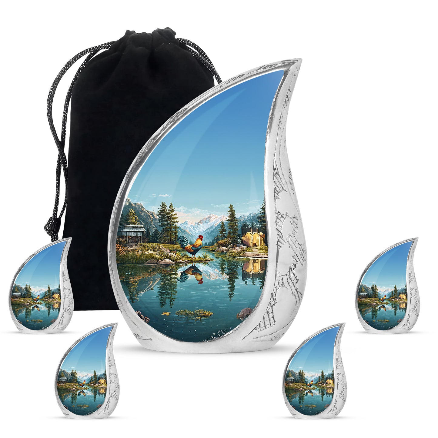 Mystic Teal Hen Cremation Urn side profile showing urn shape - graceful tear-shaped urn with hen motif - memorial set with one large and four small urns