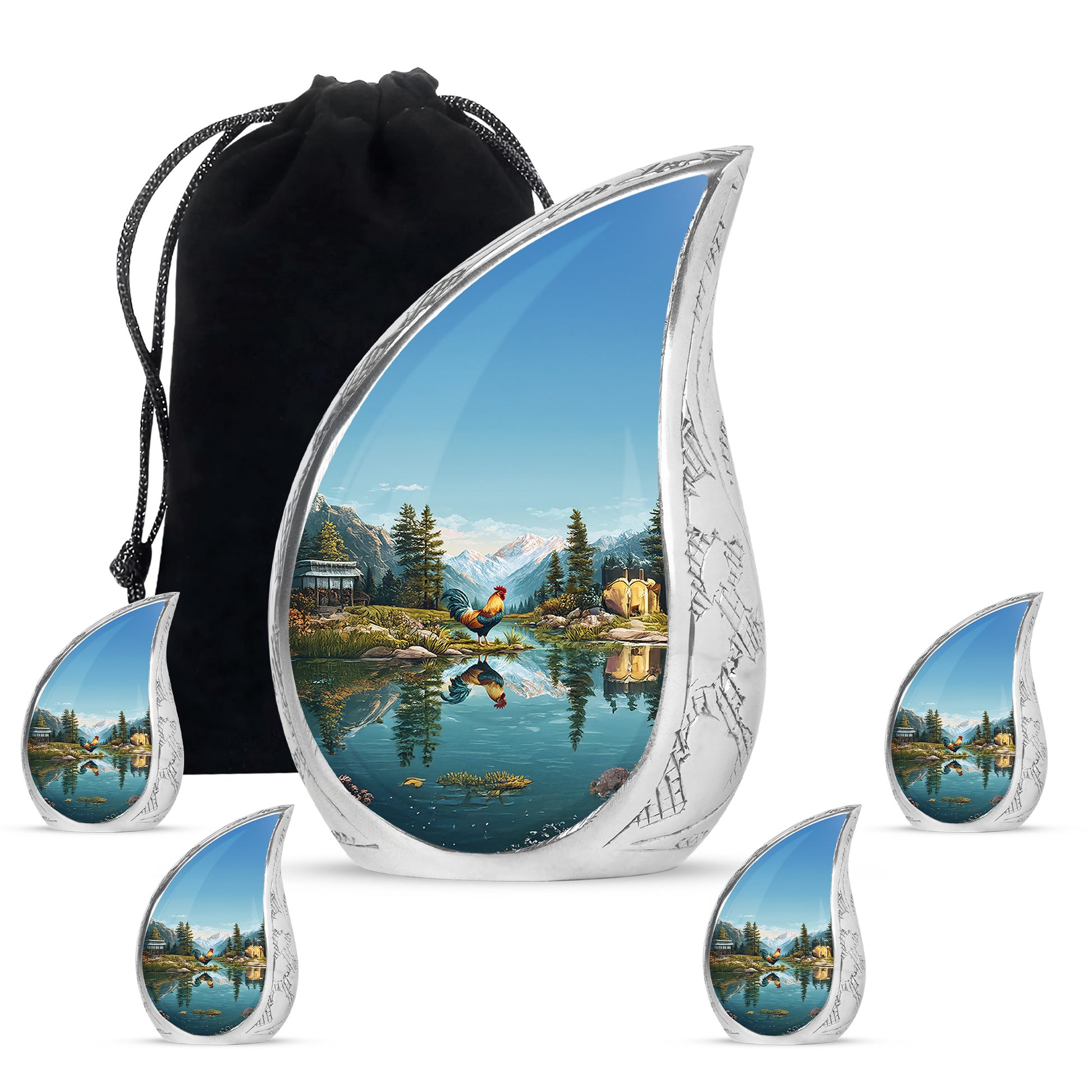Mystic Teal Hen Cremation Urn side profile showing urn shape - graceful tear-shaped urn with hen motif - memorial set with one large and four small urns