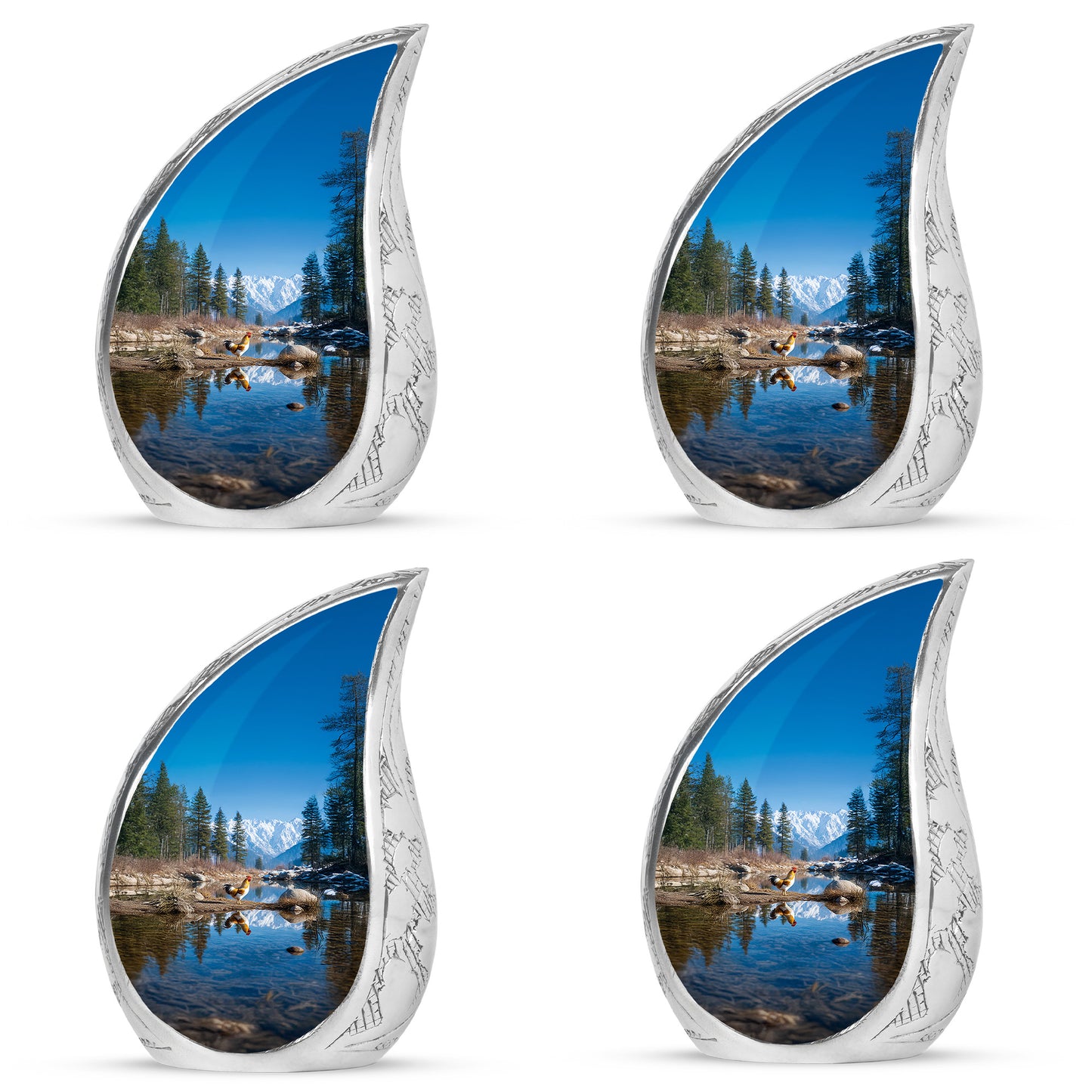 Vivid Blue Hen Cremation Urn close-up of engraving and surface detail - graceful tear-shaped urn with hen motif - 10 inch aluminum urn for cremated remains