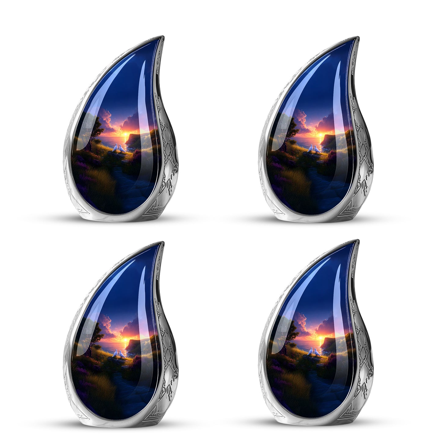 Blush Pink Dove Cremation Urn close-up of engraving and surface detail - flowing teardrop dove silhouette on curved aluminum - 10 inch aluminum urn for cremated remains