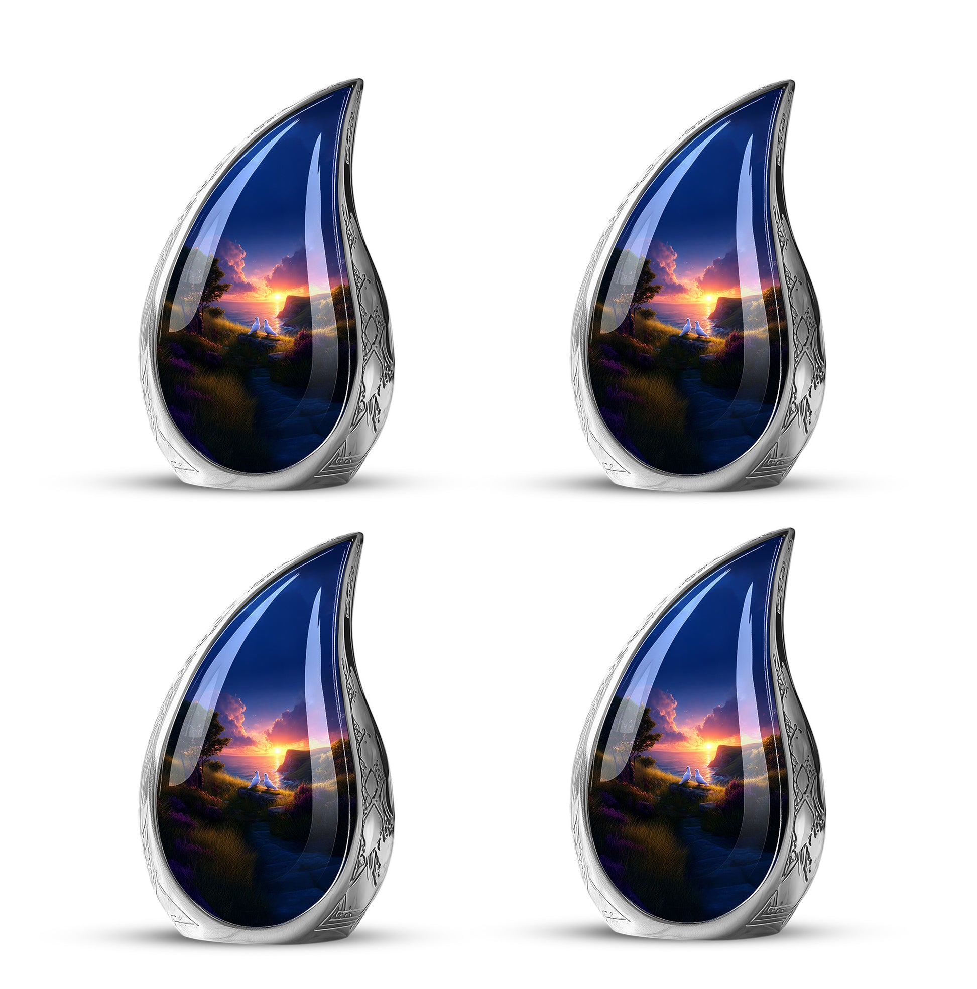 Blush Pink Dove Cremation Urn close-up of engraving and surface detail - flowing teardrop dove silhouette on curved aluminum - 10 inch aluminum urn for cremated remains