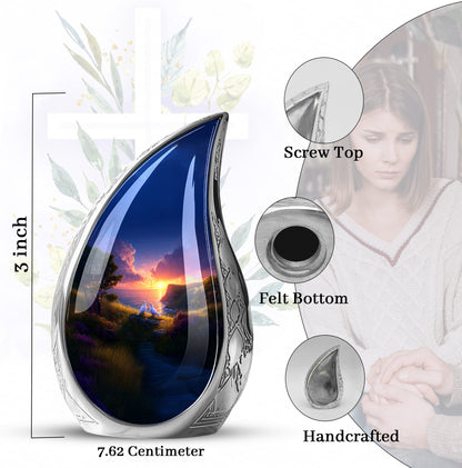 Rose Pink Dove Cremation Urn angled view of lid and engraved motif - rounded teardrop dove design with delicate detail - mini keepsake memorial for portion of cremation ashes