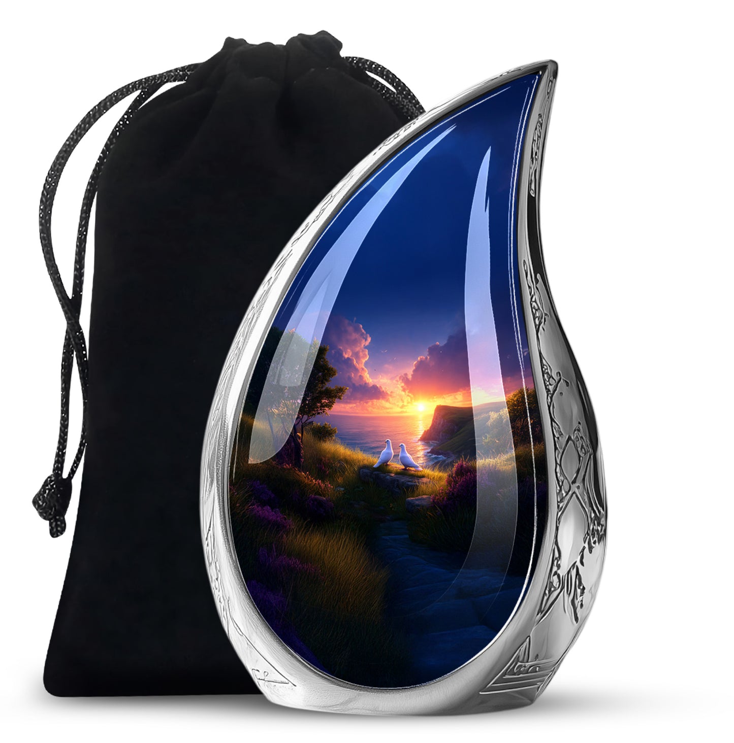 Peony Pink Dove Cremation Urn front view showing detailed design - rounded teardrop dove design with delicate detail - full-size 10 inch 200 cubic inch adult cremation urn