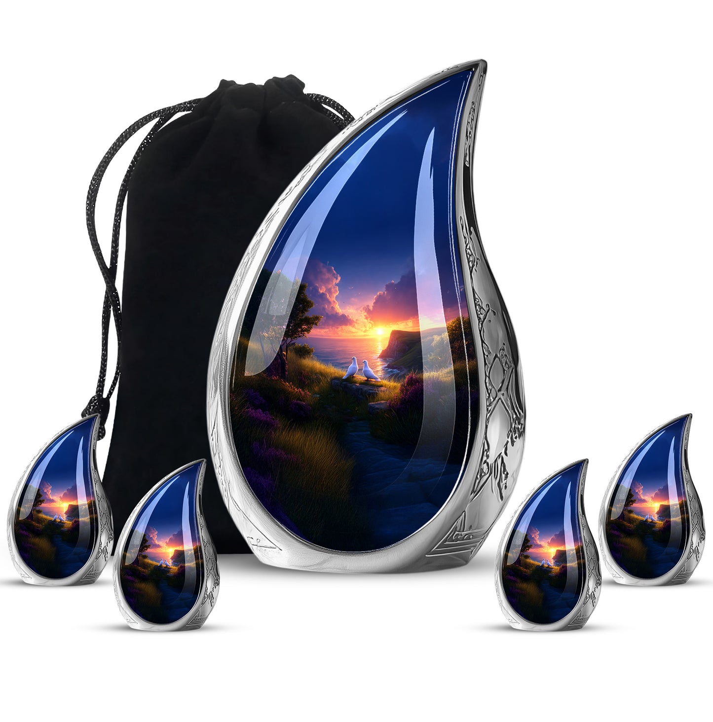 Pastel Pink Dove Cremation Urn side profile showing urn shape - flowing teardrop dove silhouette on curved aluminum - memorial set with one large and four small urns