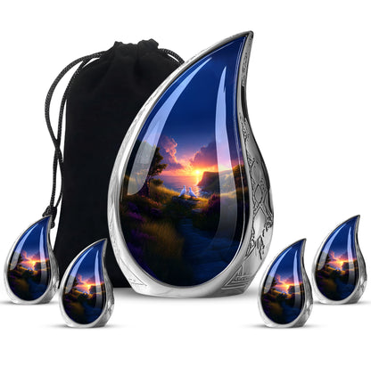 Pastel Pink Dove Cremation Urn side profile showing urn shape - flowing teardrop dove silhouette on curved aluminum - memorial set with one large and four small urns