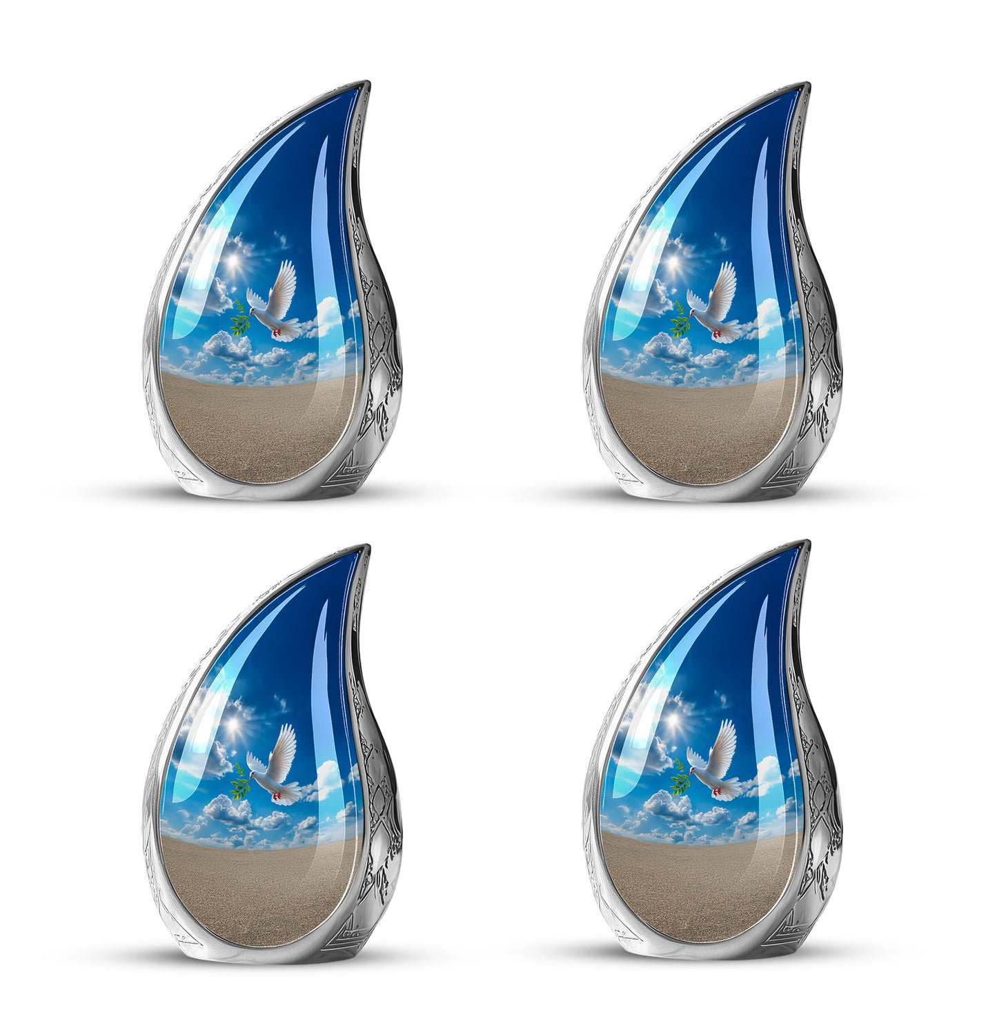 Calming Blue Dove Cremation Urn close-up of engraving and surface detail - graceful tear-shaped urn with dove motif - 10 inch aluminum urn for cremated remains