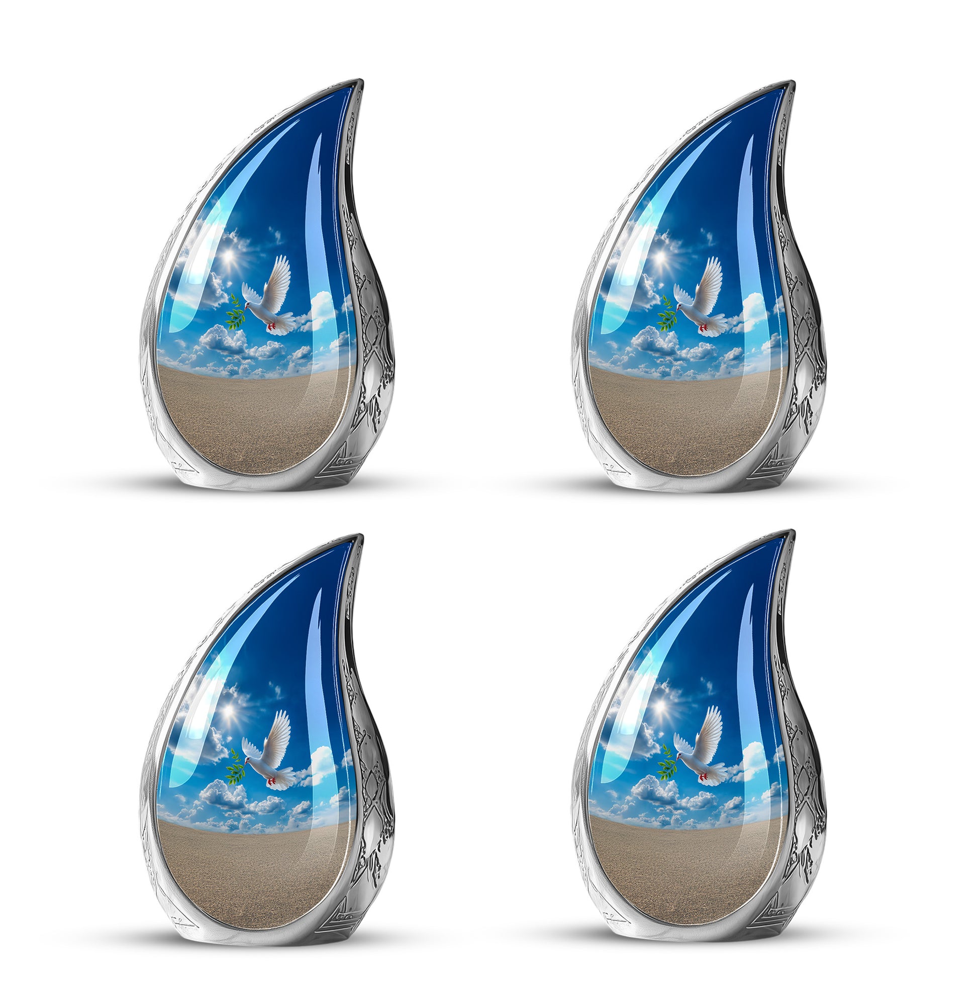 Calming Blue Dove Cremation Urn close-up of engraving and surface detail - graceful tear-shaped urn with dove motif - 10 inch aluminum urn for cremated remains