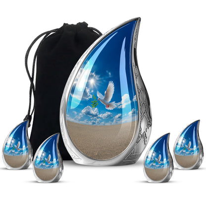 Cobalt Blue Dove Cremation Urn side profile showing urn shape - smooth teardrop contour featuring dove art - memorial set with one large and four small urns
