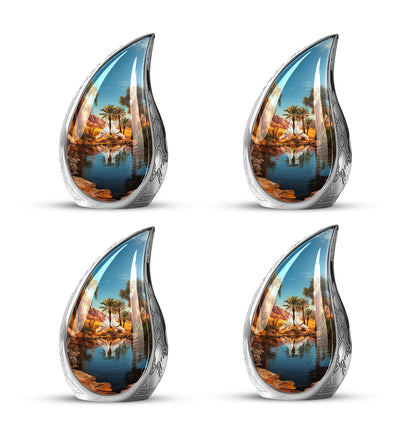 Mystic Teal Dove Cremation Urn close-up of engraving and surface detail - graceful tear-shaped urn with dove motif - 10 inch aluminum urn for cremated remains