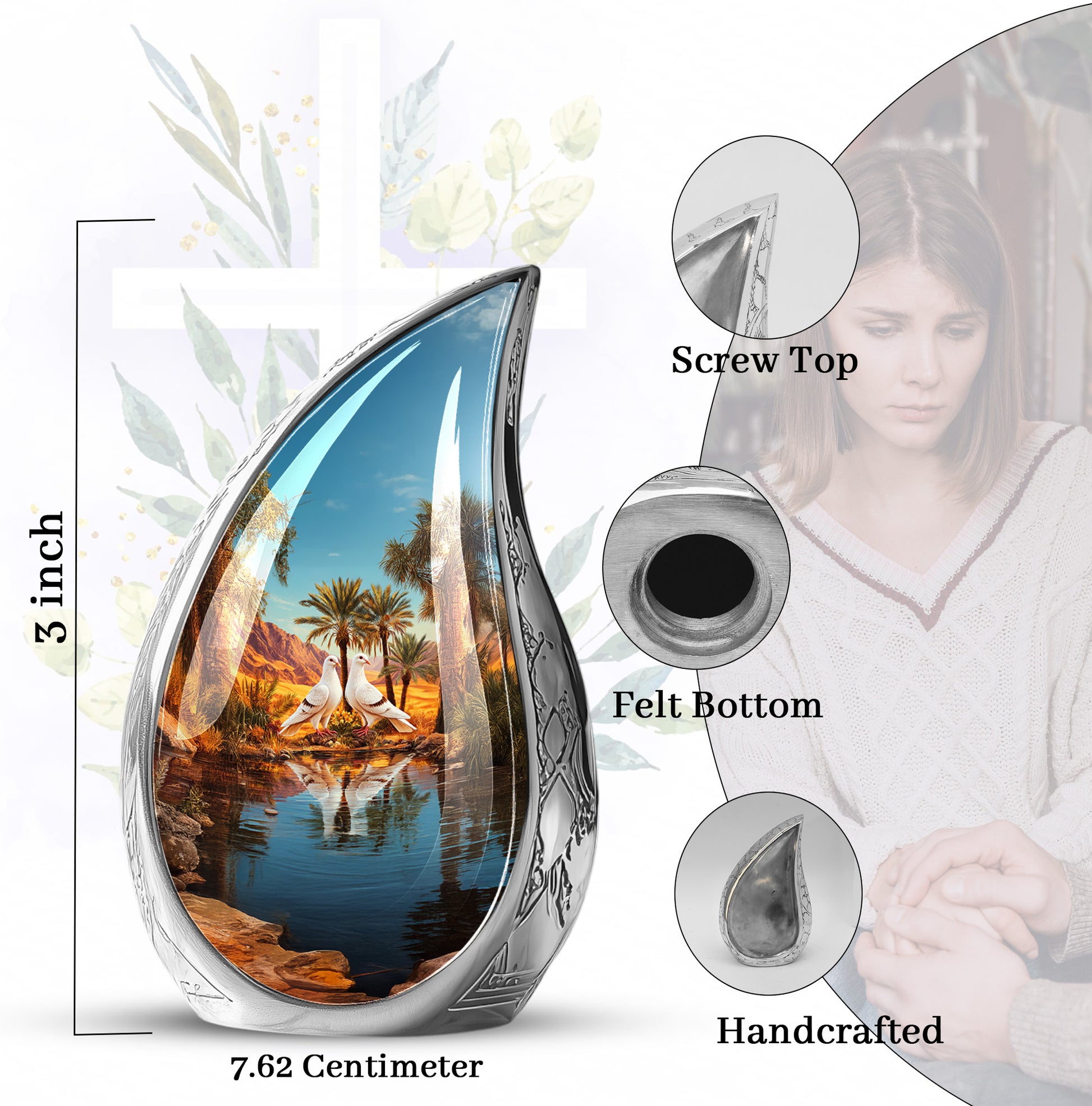 Soft Teal Dove Cremation Urn angled view of lid and engraved motif - flowing teardrop dove silhouette on curved aluminum - mini keepsake memorial for portion of cremation ashes