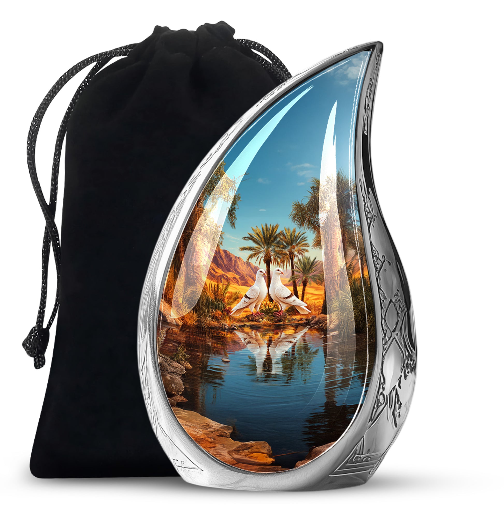 Soft Teal Dove Cremation Urn front view showing detailed design - flowing teardrop dove silhouette on curved aluminum - full-size 10 inch 200 cubic inch adult cremation urn