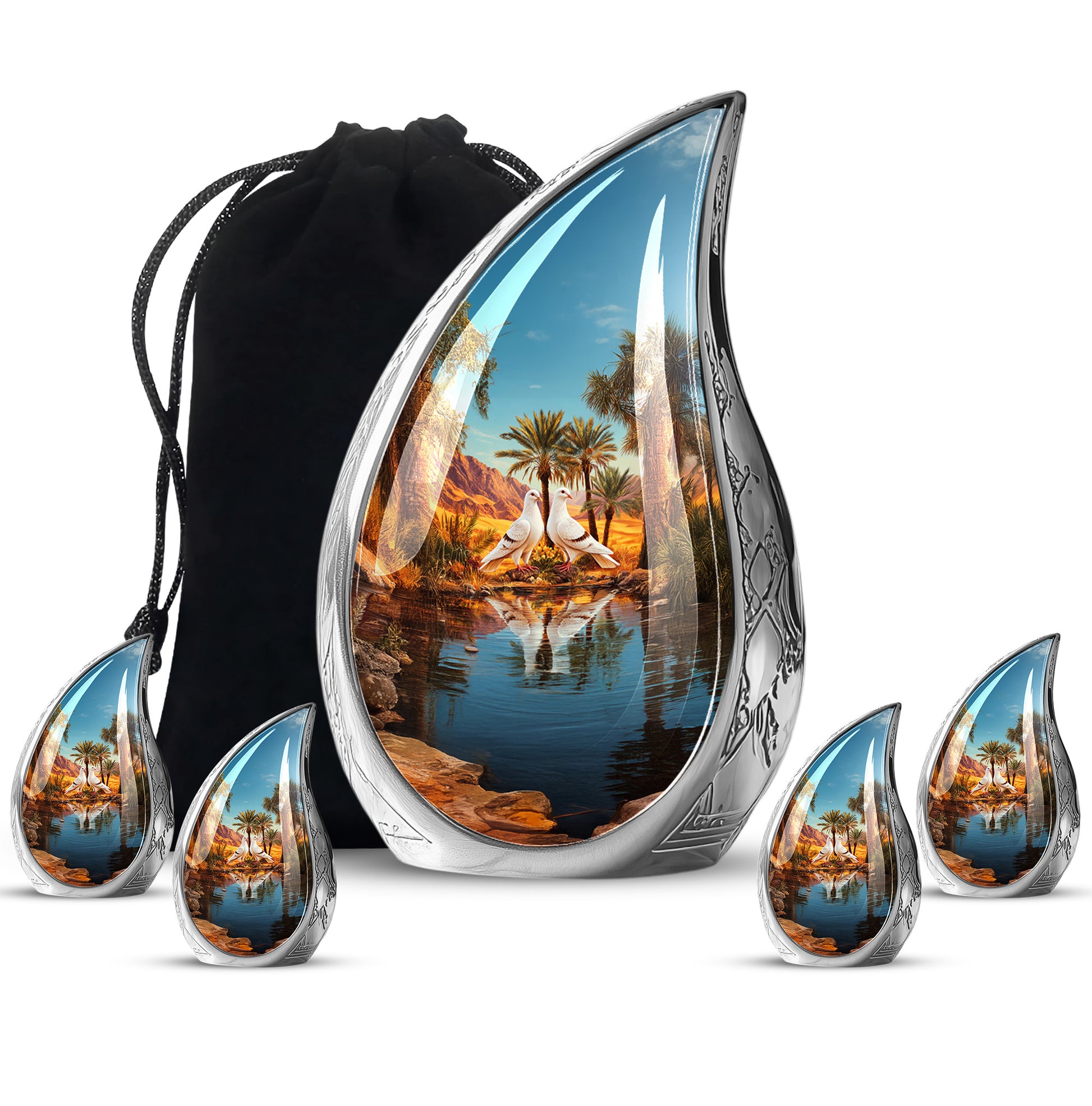 Jewel Teal Dove Cremation Urn side profile showing urn shape - rounded teardrop dove design with delicate detail - memorial set with one large and four small urns
