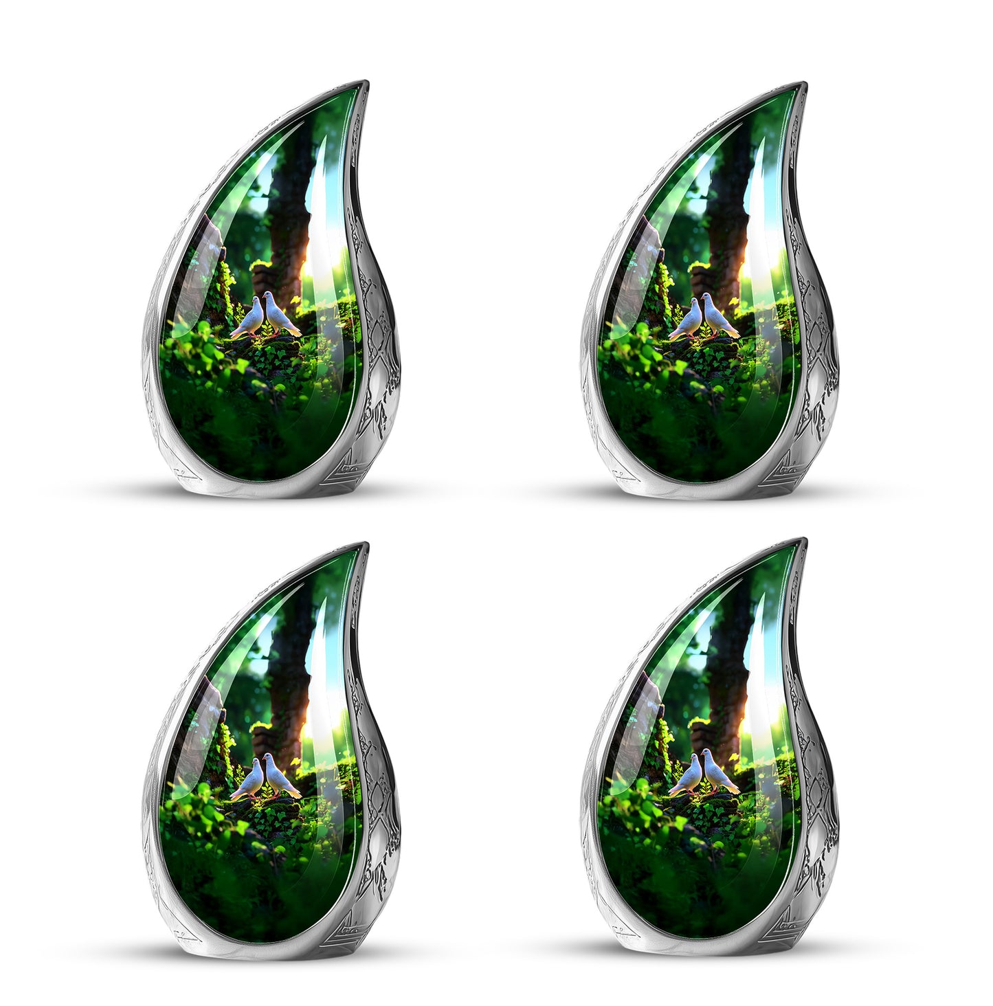 Olive Green Dove Cremation Urn close-up of engraving and surface detail - graceful tear-shaped urn with dove motif - 10 inch aluminum urn for cremated remains