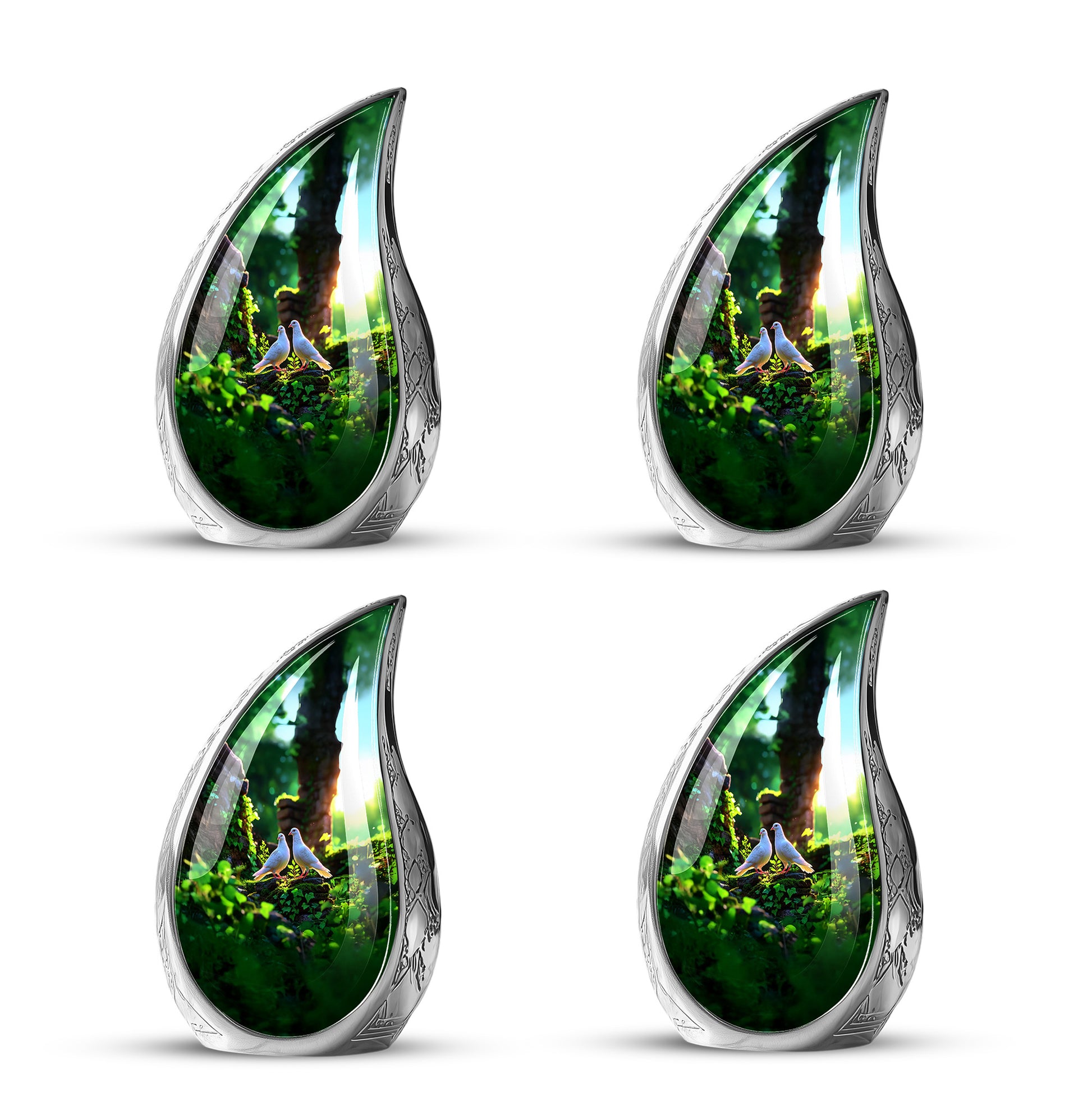 Olive Green Dove Cremation Urn close-up of engraving and surface detail - graceful tear-shaped urn with dove motif - 10 inch aluminum urn for cremated remains