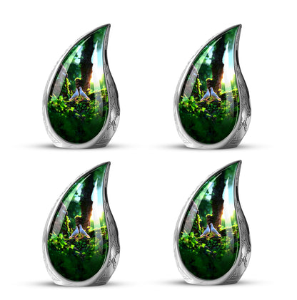 Olive Green Dove Cremation Urn close-up of engraving and surface detail - graceful tear-shaped urn with dove motif - 10 inch aluminum urn for cremated remains