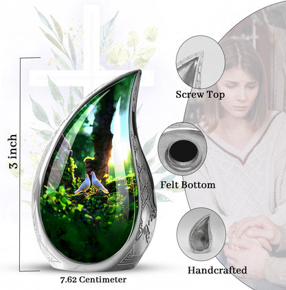 Olive Green Dove Cremation Urn angled view of lid and engraved motif - graceful tear-shaped urn with dove motif - mini keepsake memorial for portion of cremation ashes
