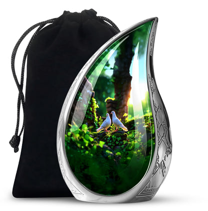 Forest Green Dove Cremation Urn front view showing detailed design - smooth teardrop contour featuring dove art - full-size 10 inch 200 cubic inch adult cremation urn