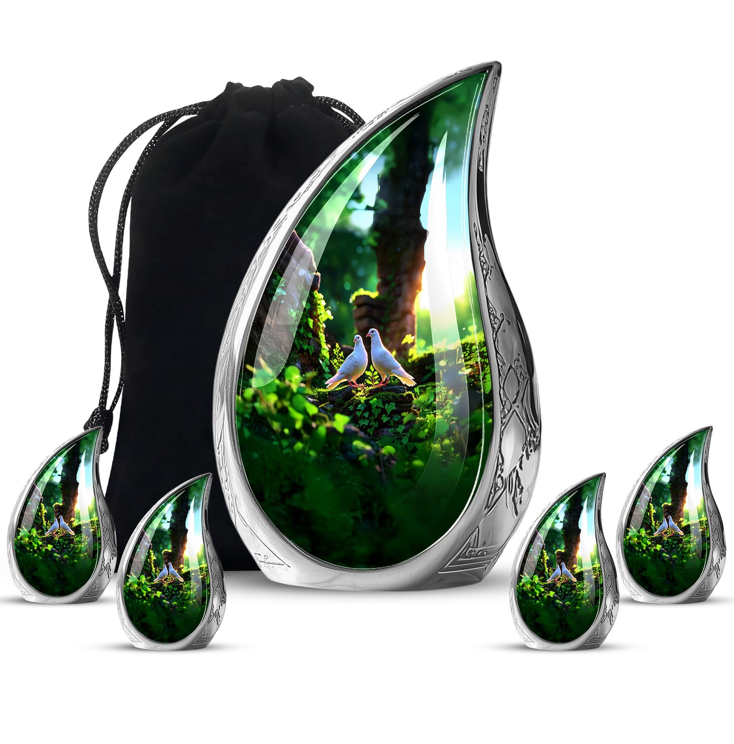 Pine Green Dove Cremation Urn side profile showing urn shape - graceful tear-shaped urn with dove motif - memorial set with one large and four small urns