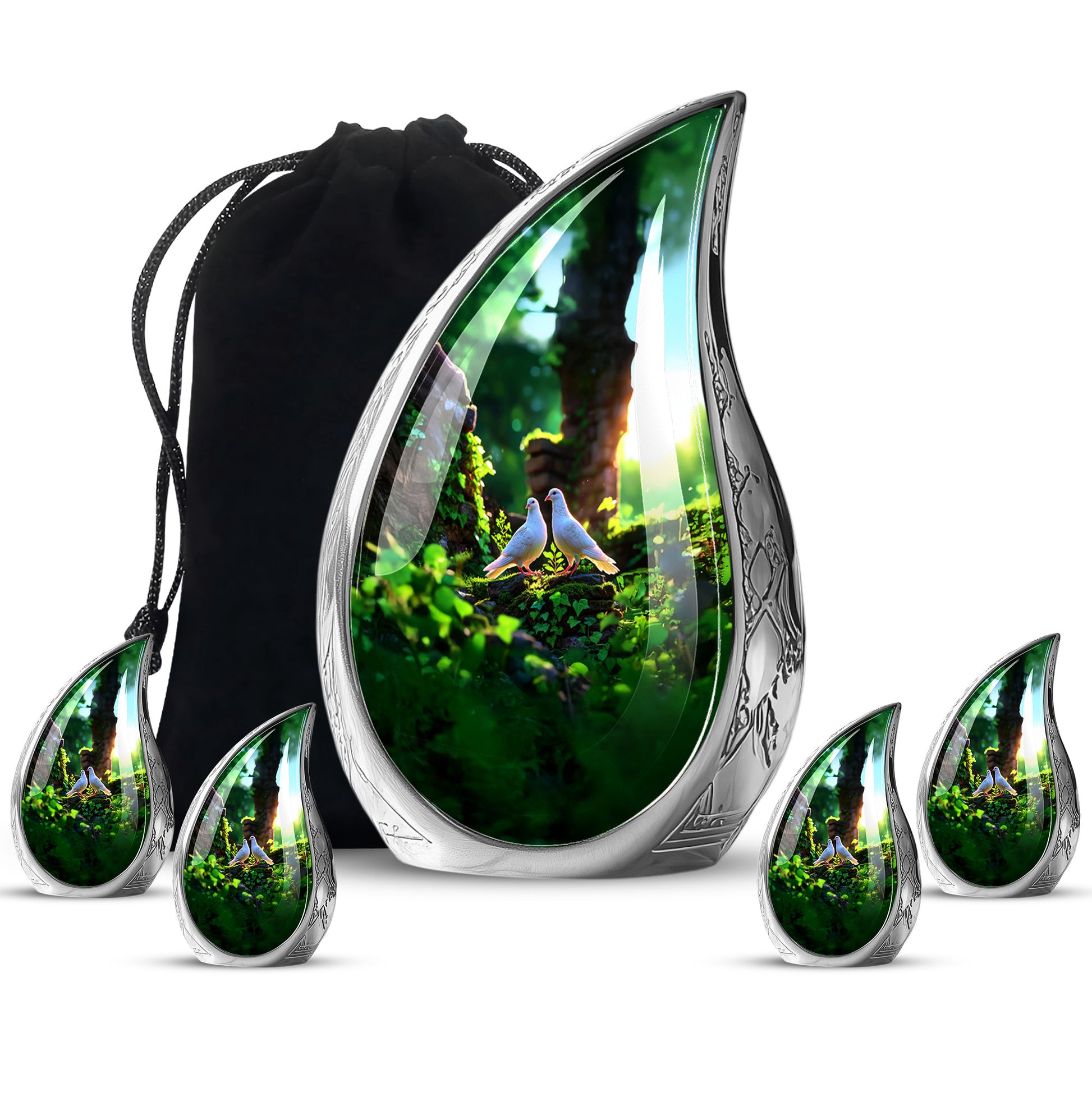 Pine Green Dove Cremation Urn side profile showing urn shape - graceful tear-shaped urn with dove motif - memorial set with one large and four small urns